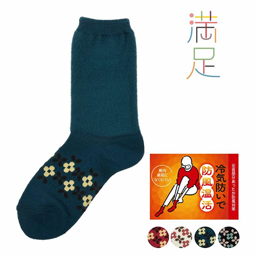 靴下 クルー丈 レディース 満足 花柄 温活ソックス 足首起毛糸 3245-12L 婦人 女性 フクスケ fukuske