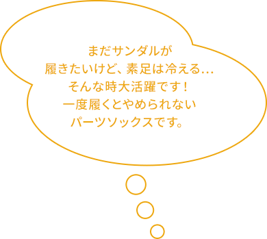 まだサンダルが履きたいけど、素足は冷える…そんな時大活躍です！一度履くとやめられないパーツソックスです。