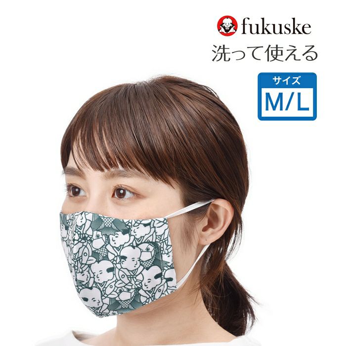 福助 1枚入 アマビエ柄マスク (グリーン) 足袋工場で作ったマスク