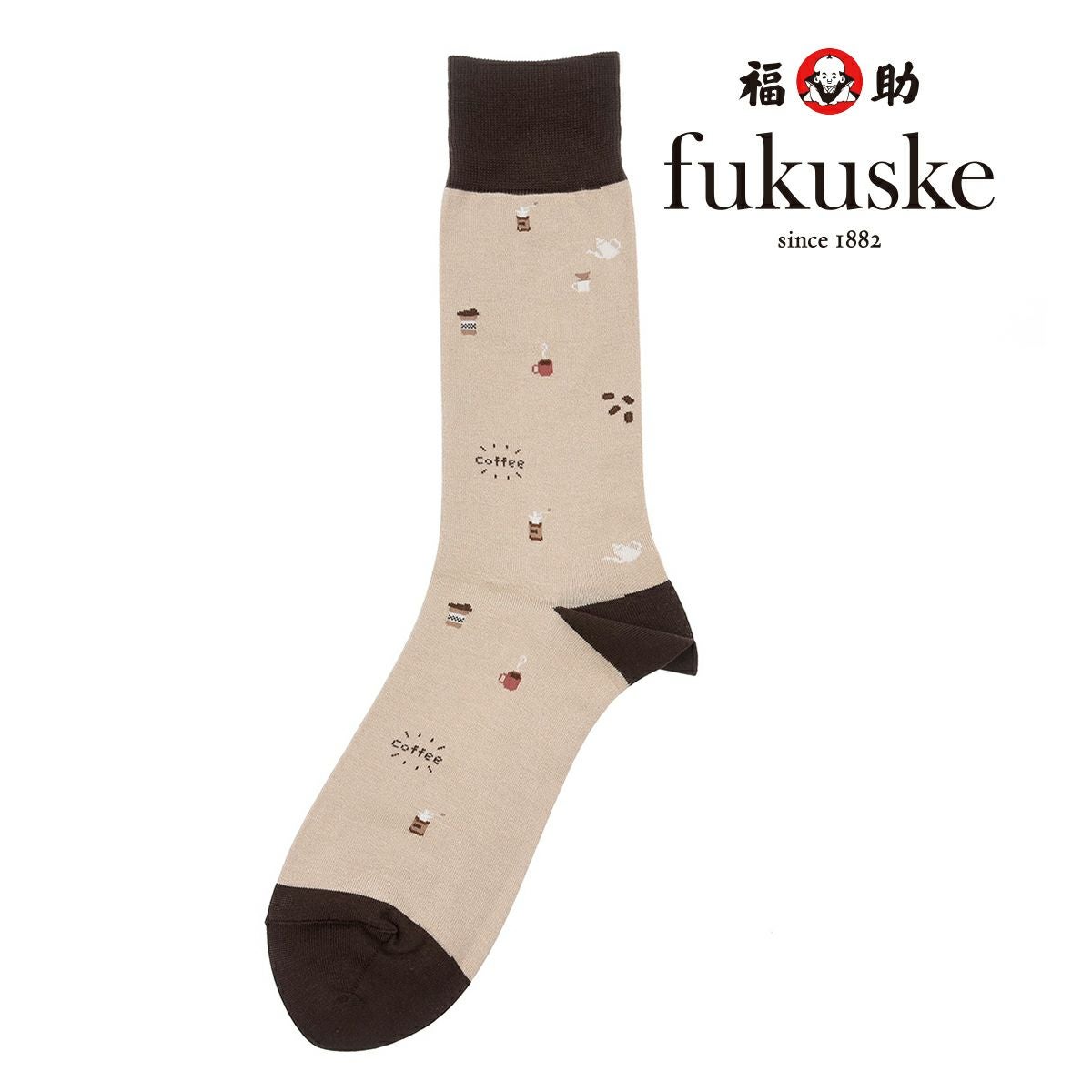 靴下 メンズ fukuske コーヒータイム柄 クルー丈