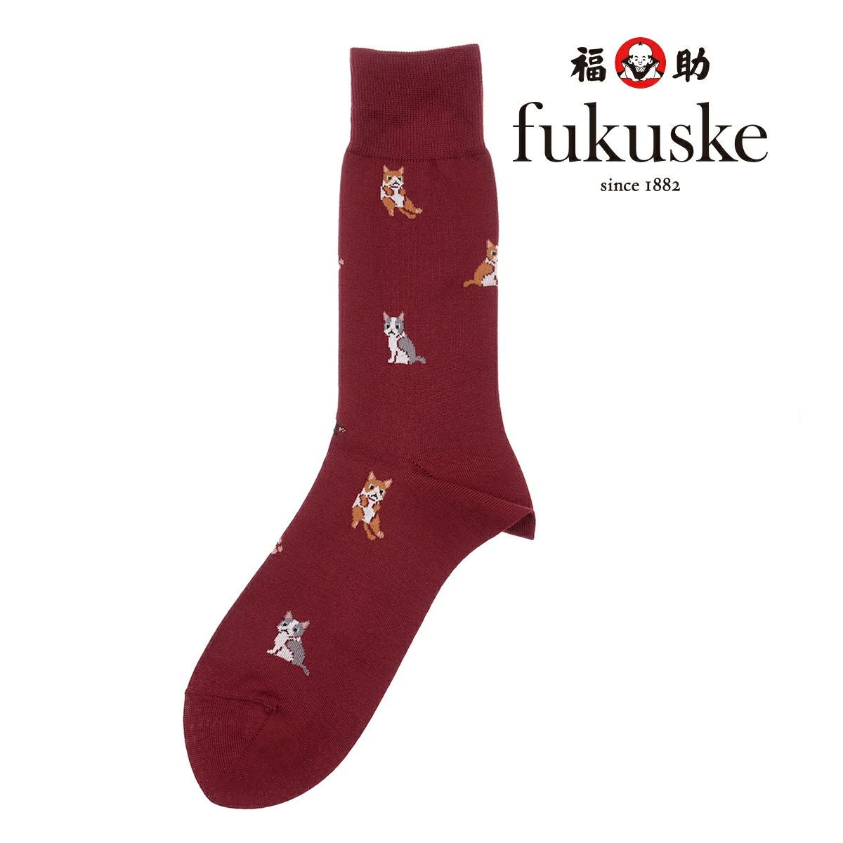 靴下 メンズ fukuske 猫と肉球柄 クルー丈