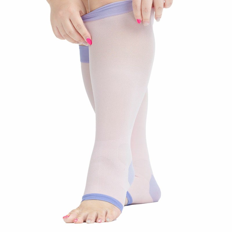 レディースストッキング無地配色段階着圧つま先なし制菌加工保湿加工ゆったりプラスサイズ