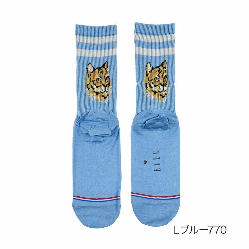 【ELLE(エル)】靴下リブラインネコ柄クルー丈足底転写(3102-205)