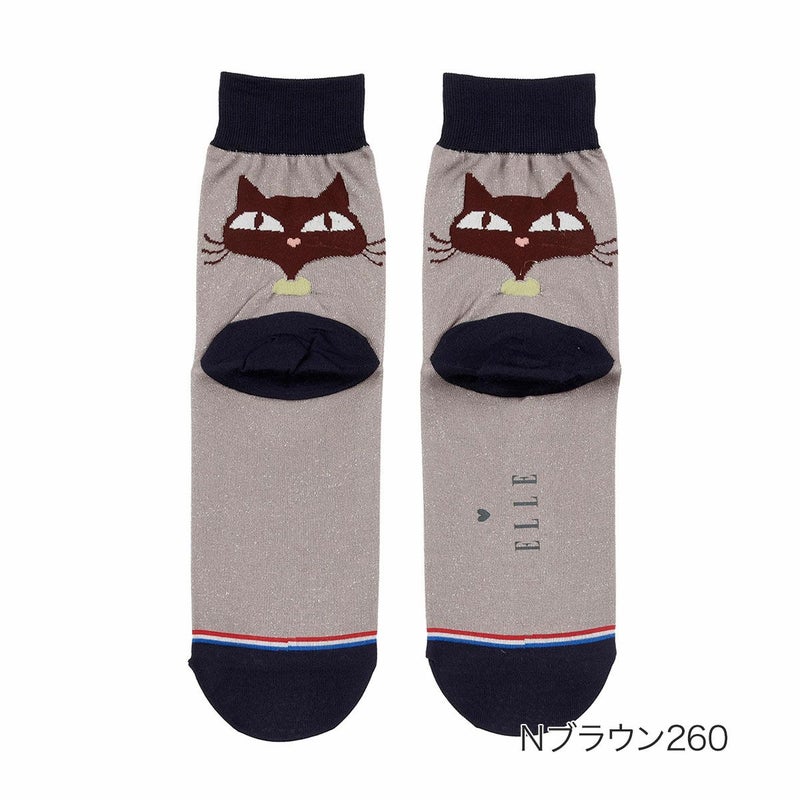 【ELLE(エル)】靴下ラメネコ柄クルー丈足底転写(3102-206)