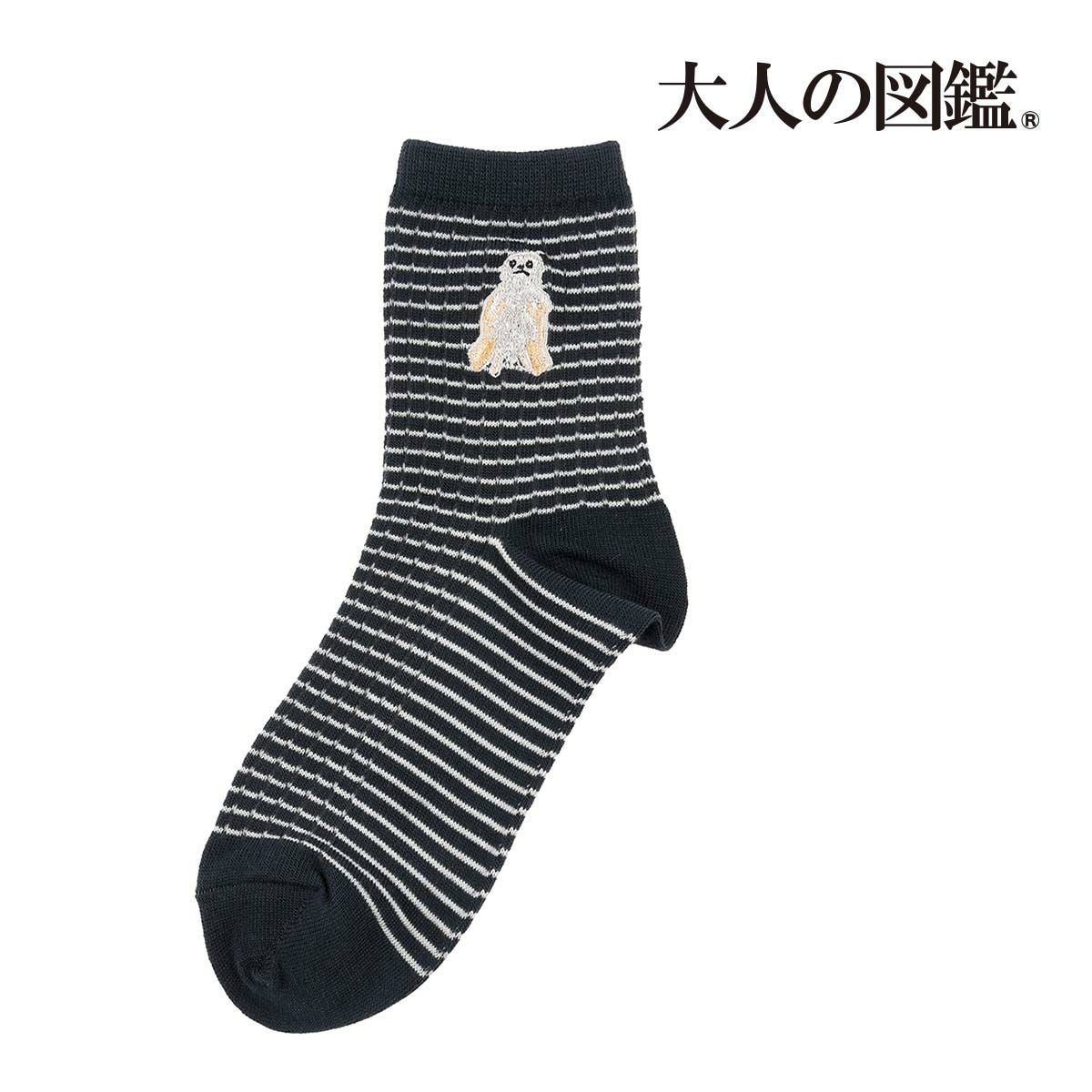 大人の図鑑】 靴下 ポメラニアン編 ボーダー柄 ワンポイント刺繍
