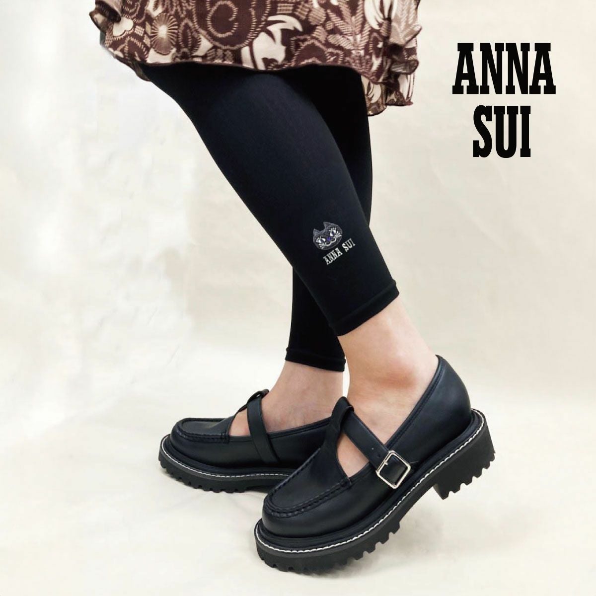 ANNA SUI(アナ スイ)】 レギンス 無地 ティティ 左足首刺しゅう 10分丈
