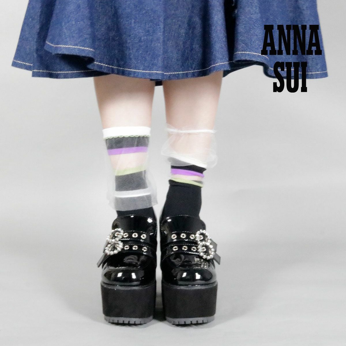 ANNA SUI(アナ スイ)】 靴下 マルチボーダー クルー丈 チュール素材