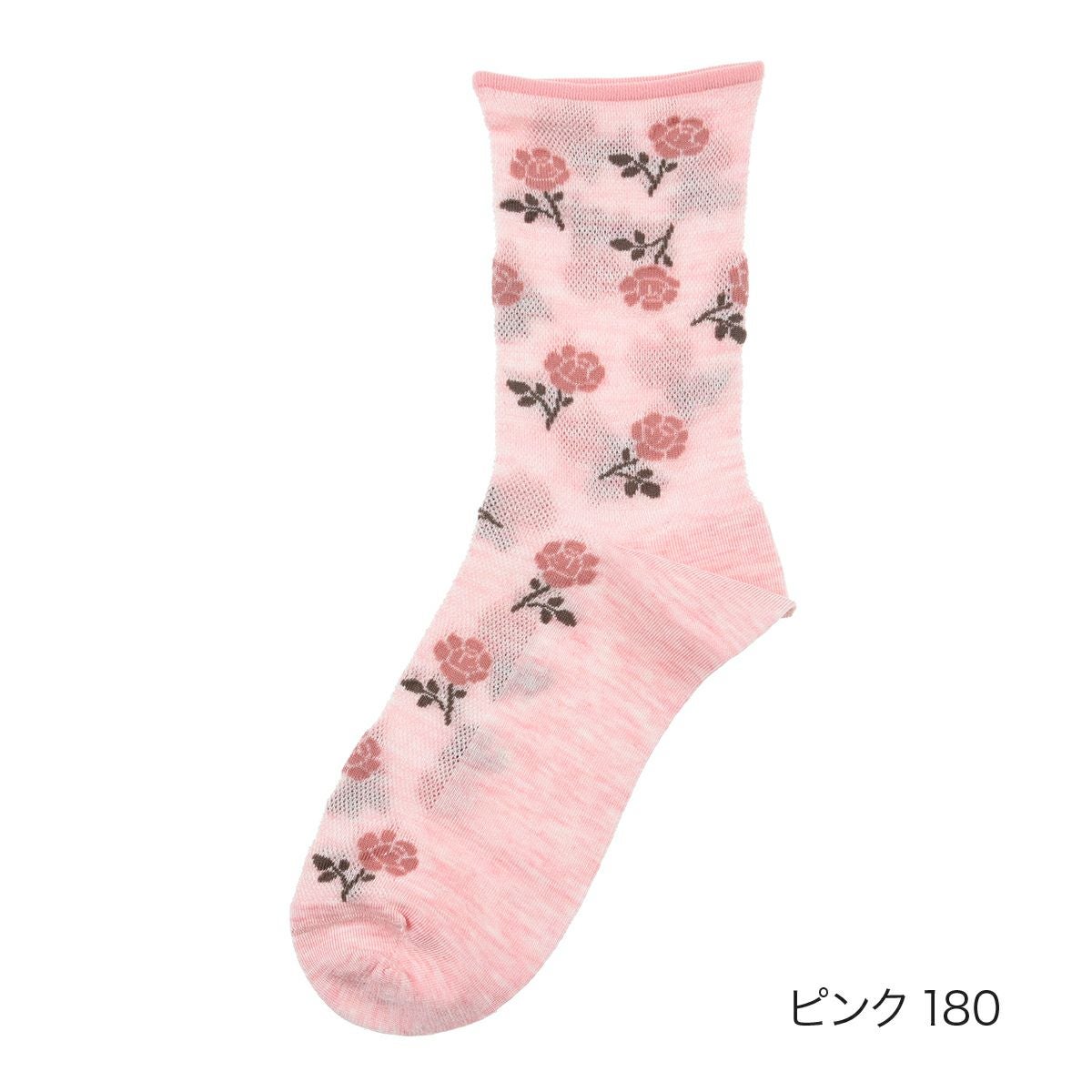 満足(マンゾク) ： ひんやり冷感シルク】 靴下 花柄 クルー丈 テグス